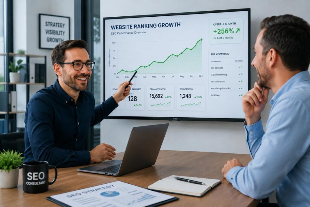 SEO consultant showing website ranking growth to business owner