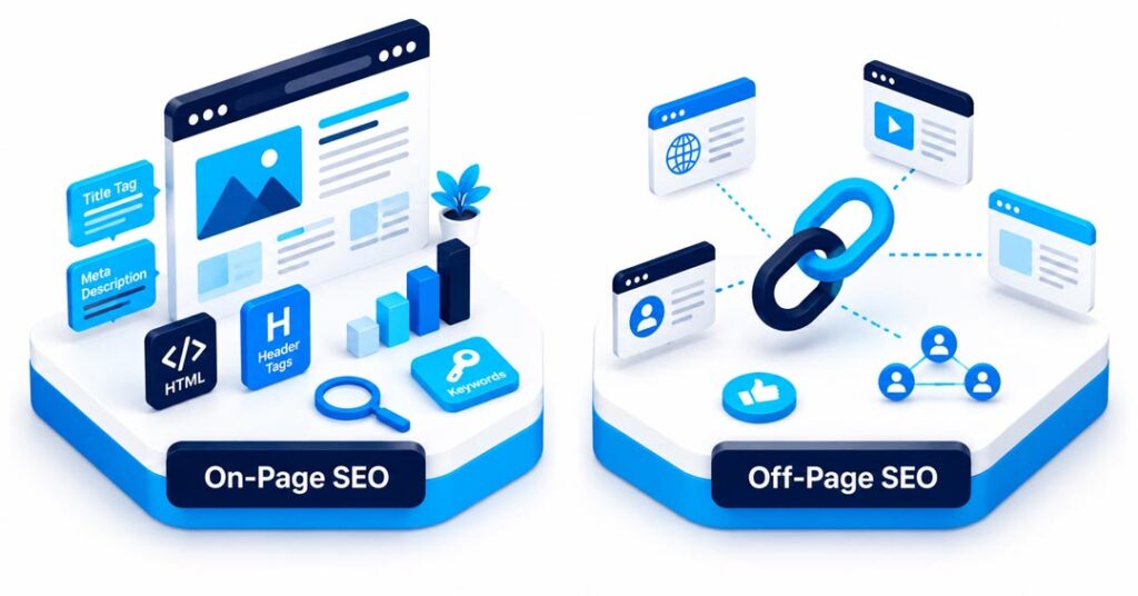 On-Page SEO vs Off-Page SEO comparison illustration — SR Nexrank SEO Agency
