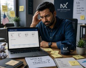 Small business owner struggling with SEO challenges for website ranking