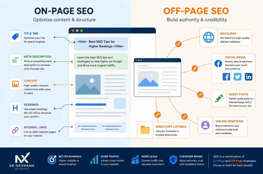 Diagram explaining on-page SEO and off-page SEO difference