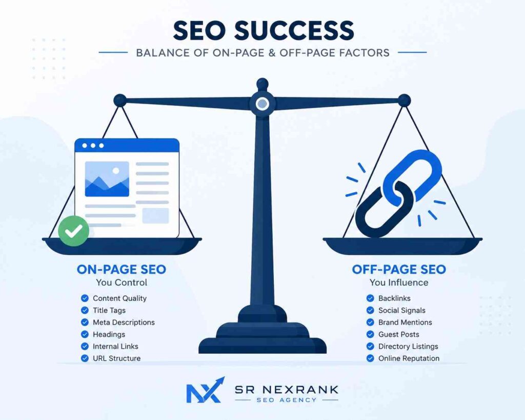 Comparison of on-page SEO factors you control versus off-page SEO external signals