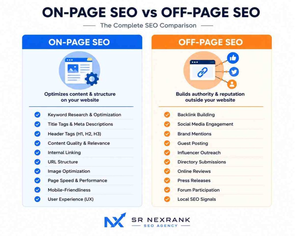 Comparison chart of on-page SEO versus off-page SEO key factors